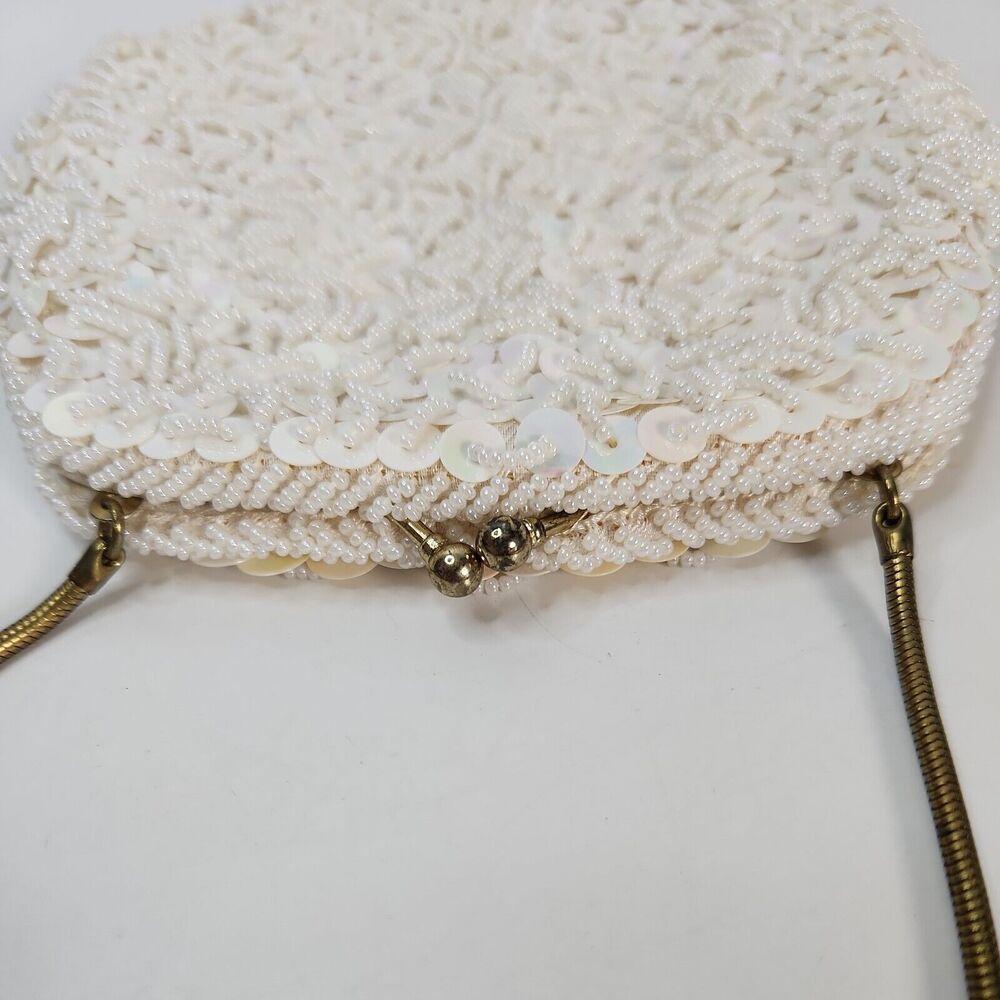 Vtg Handmade White Pearl Bead Sequin Clutch Evening Bag Gold Chain Clasp - Picture 3 of 16